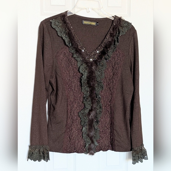 Women's Brown V-Neck Sweater with Beading Faux-Fur & Lace Detailing - Picture 1 of 16